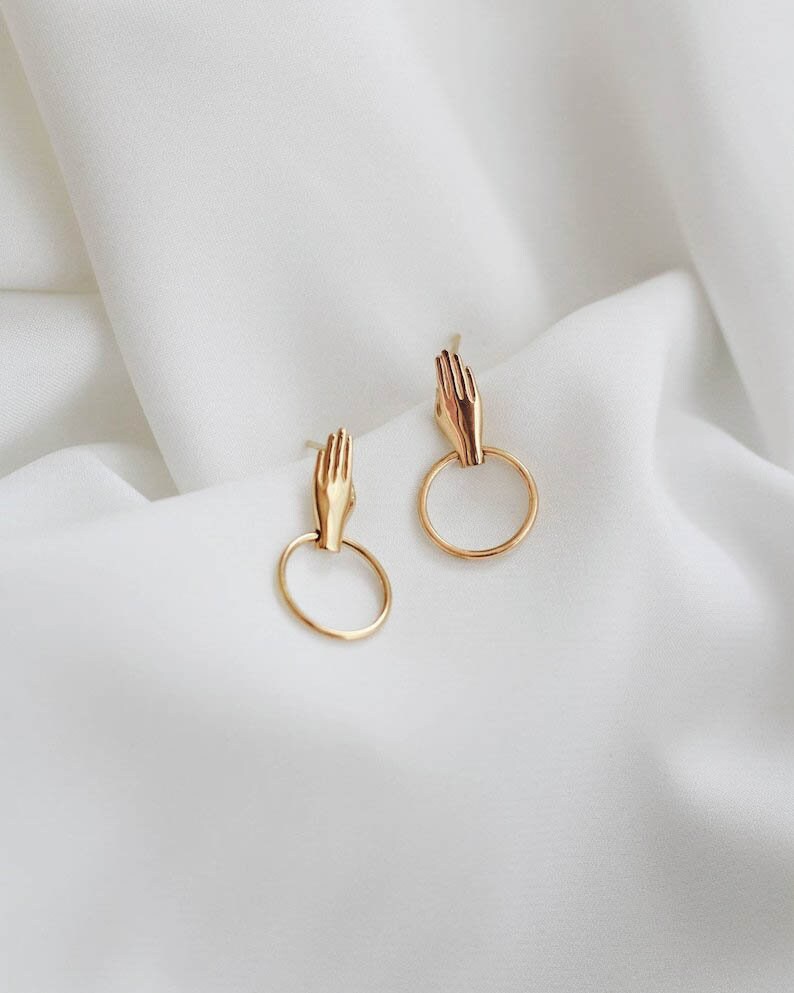 Waterproof Hand Earrings 18k Gold Vermeil Hand Shaped Earrings Gifts for Her Layering Stacking Hands Earrings Hand Studs image 5