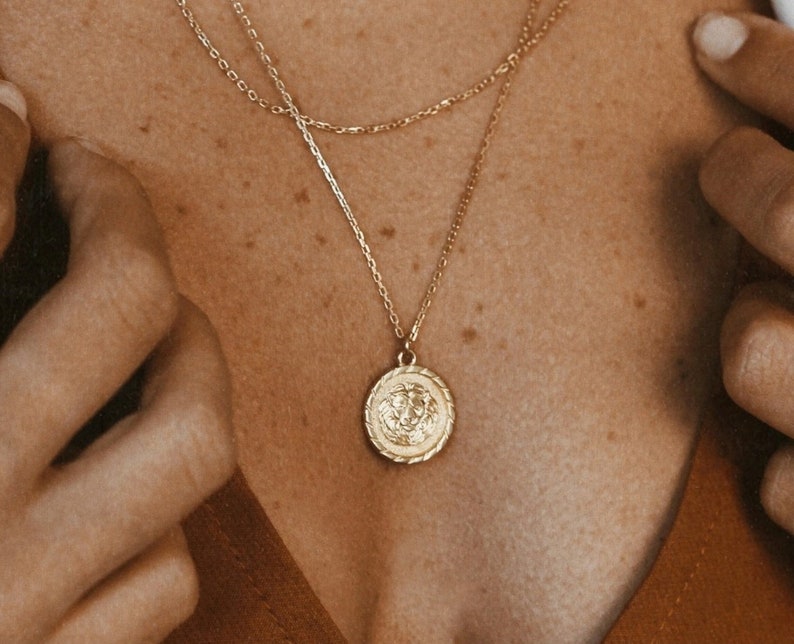 Lion Coin Necklace 18k Gold Vermeil Minimalist Necklace Roman Coin Necklace Disc Necklace Stack Layering Medallion Necklace image 1