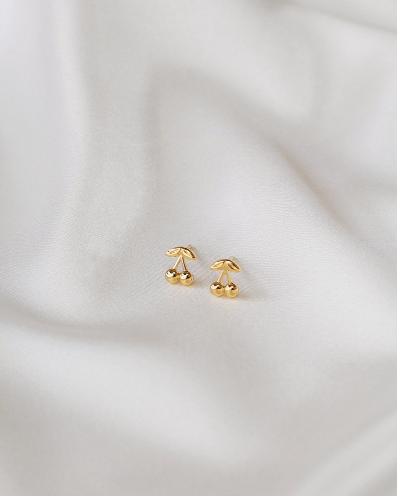 Waterproof Cherry Studs Gold Vermeil Gold Plated over Solid Sterling Silver Studs Minimalist Cherry Earrings Layering Stacking image 3