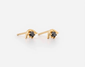 Waterproof - Black CZ V Stud Earrings - 18k Gold Vermeil Studs - Solid 925 Sterling Silver - Stack - Gold V Studs - Layering - Stacking