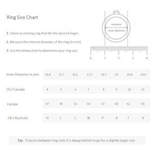 May include: Ring size chart with instructions on how to measure your ring size. The chart shows ring sizes in millimeters, US/Canada, Europe, and UK/Australia.