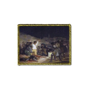 May include: A framed painting depicting a scene of chaos and violence. A group of people are gathered in a dark, shadowy setting, with some figures raising their arms in the air. A fallen figure lies on the ground, surrounded by blood. The painting is set against a backdrop of a city skyline.