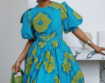 BUNMI AFRICAN PRINT midi dress [teal blue]