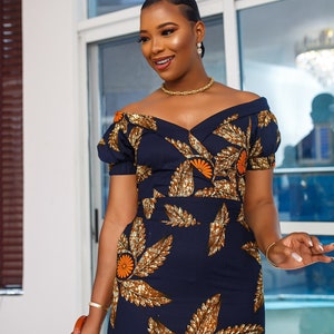 IDIA AFRICAN PRINT off shoulder midi dress [navy blue]