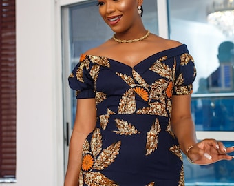 idia african print off shoulder midi dress [navy blue]
