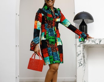 Vestido camisero con botones delanteros y estampado africano RERE [multicolor]
