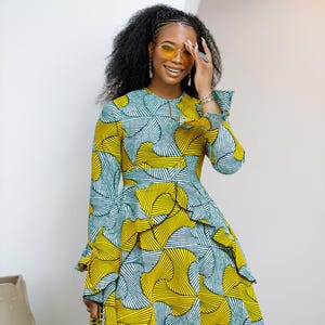 KOFI AFRICAN PRINT layered flare midi dress [teal green]