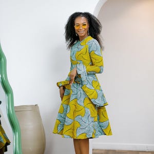 KOFI AFRICAN PRINT layered flare midi dress [teal green]