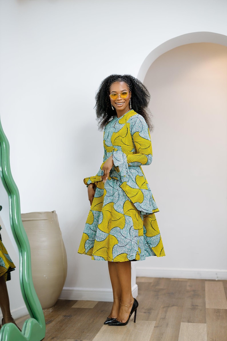 KOFI AFRICAN PRINT layered flare midi dress [teal green]