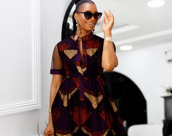VALENTINA AFRICAN PRINT button mesh dress [purple]