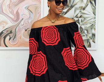 African Print Off Shoulder/ Smock Neck / Mid Length Dress-Blue