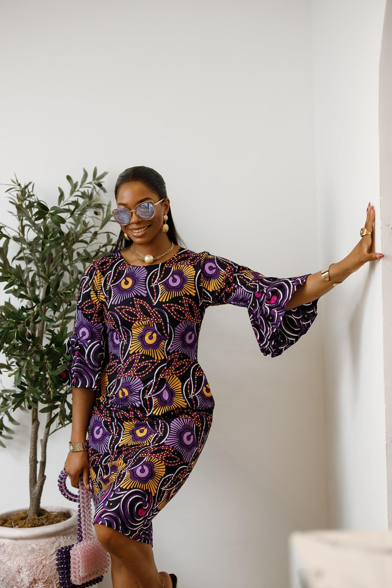 purple flare sleeve dress Plus Size Purple Formal Pleated Bell Sleeve High Waist V Neck Maxi Dresses main image 0