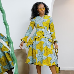 KOFI AFRICAN PRINT layered flare midi dress [teal green]