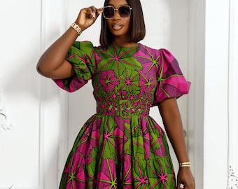 BUNMI AFRICAN PRINT puff sleeve midi dress