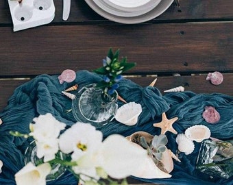 Dusty Blue Gauze Table Runner: Hand-Dyed Cotton Scrim, Boho Wedding Decor