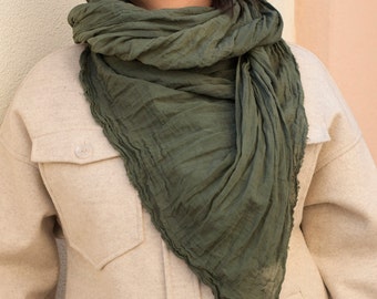 Hand Dyed Olive Green Cotton Gauze Scarf Bohemian Unisex Soft Scarf (75x31)