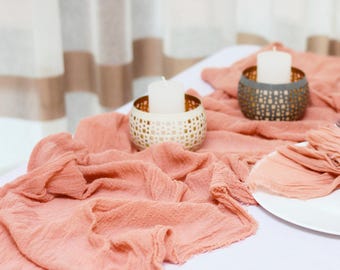 Dusty Peach Hand Dyed  Gauze Table Runner Peach Boho Wedding Centerpiece