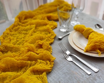 Hand Dyed Mustard Gauze Table Runner Yellow Boho Wedding Centerpiece