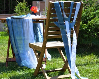 Hand Dyed Gauze Table Runner: Dusty Blue Ombre Cotton Wedding Decor