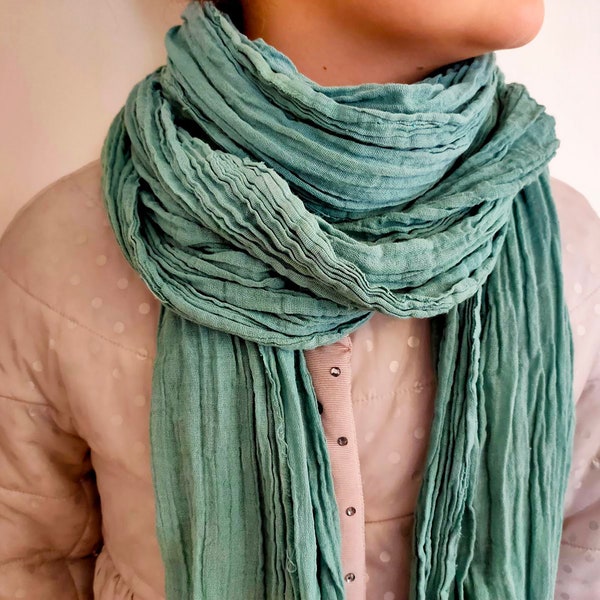 Sage green cotton Scarf Hand dyed double gauze Pure cotton Wrinkle Gauze scarf size 75"x31" Bohemian Comfy Soft Scarf Unisex scarf Ecosafe