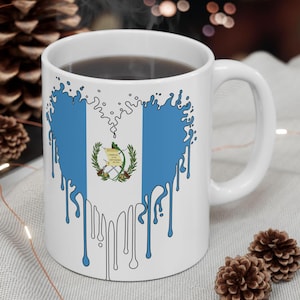 Patriotic Guatemala Flag Colors Heart Drip Coffee Mug 11oz  15oz  Gift for Coffee Lovers, Unique Guatemalan Pride Design