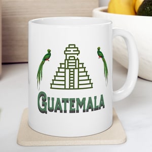 Handcrafted Coffee Mug Featuring Guatemalan Quetzal Bird and Tikal Ruins Unique Ceramic Art for Guatemalans  (11oz, 15oz)