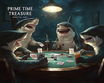 Lámina artística de tiburones blancos jugando al póquer (Tiburón) (Descarga digital)