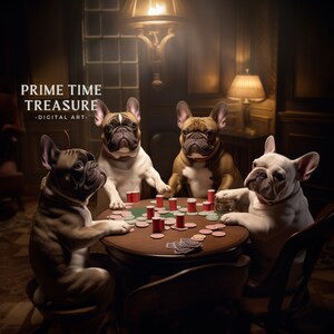Bulldogs franceses jugando al póquer. Perros, cartas, juegos de azar