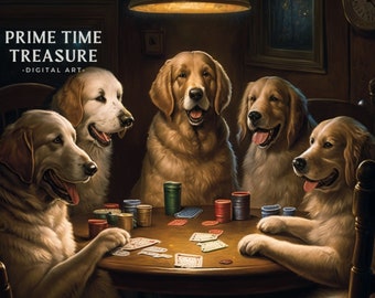 Golden Retreiver Dogs Playing Poker