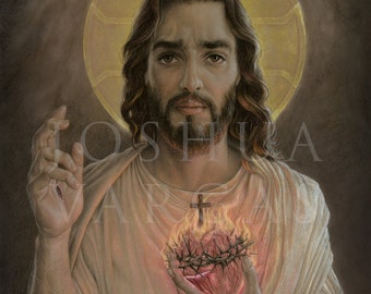 May include: A painting of Jesus Christ with a crown of thorns and a flaming heart. The heart is surrounded by a crown of thorns and is on fire. Jesus is wearing a white robe and has a halo above his head.