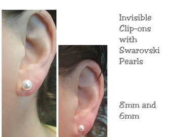 Transparent clip on/non-pierced earrings with Swarovski pearls in 6mm or 8mm... White or Cream.  Sold by the pair.