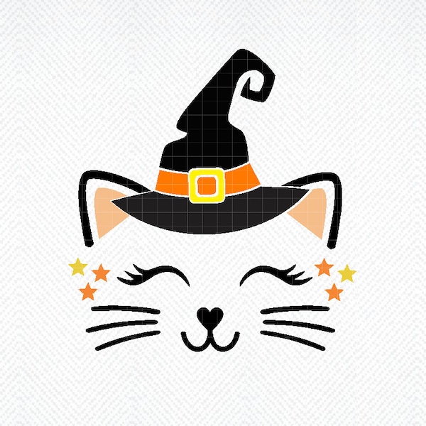 Halloween Cat Face SVG, Witch Cat Face cute,  Cute Cat Face Halloween, Digital Download, svg, png, dxf, eps, Cute, Witch Hat, Kitten, Girl