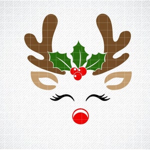 Renna con agrifoglio SVG, faccia di renna Natale svg, Natale svg, ragazza faccia di renna, corna di renna, bambini Natale svg