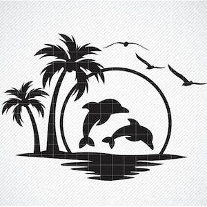 Dolphin Palm Tree Sunset svg, Dolphin Palm Tree Sunset png, Urlaub Palmen svg, Sommer svg, Tropical Sunset svg, Dolphin Silhouette svg