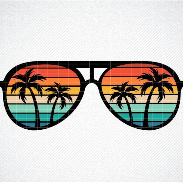 Sunset Sunglasses SVG, Retro Sunglasses, Vintage svg, 70s Sunset SVG, Palm Trees Aviator, Retro Beach svg, Retro, Tropical Sunset svg