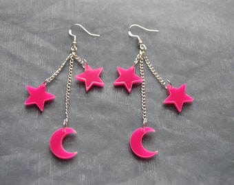Pink Moon & Stars Pendientes // Pendientes de la Luna // Pendientes de Estrella // Pendientes de Luna creciente // Boteo Pastel // Kawaii