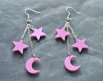 Pastel Luna & Estrellas Pendientes // Pendientes de Luna // Pendientes estrella // Pendientes de luna creciente // Pastel Gót).