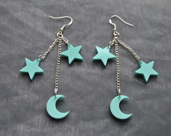 Pastel menta luna & estrellas Pendientes // Pendientes de la luna // Pendientes de estrella // Pendientes de luna creciente // Pastel Goth // Kawaii