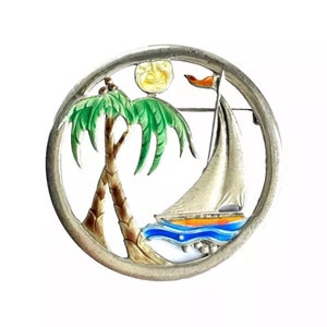 Vintage TRUART Sterling and Enamel Round Brooch Pin Tropical Scene with Palm Tree, Moon and Sailboat