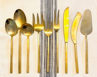 Juego de 9 piezas de utensilios para servir en tono dorado vintage, bronce niquelado, MCM, estilo danés moderno