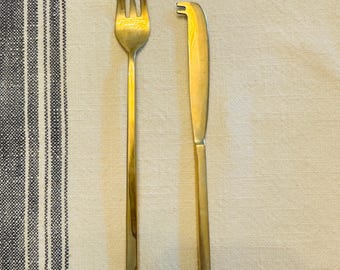 Vintage Gold Ton Set von 2 Aperitif Gabel und Messer Nickel Bronze MCM Danish Modern