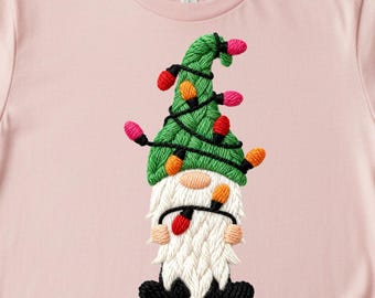 Christmas Gnome Lights PNG, Faux Yarn Crochet Embroidery Clipart, Cozy Loop Stitch Sublimation Design