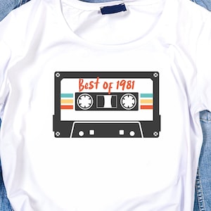 May include: White t-shirt with a vintage cassette tape graphic and the text "Best of 1981".