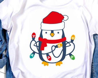 Penguin svg, SVG, DXF, Christmas svg, winter svg, holiday svg, cute penguin svg, santa hat svg, christmas lights svg, svg files for cricut