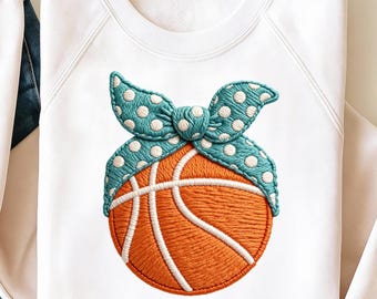 Basketball Mom PNG | Faux Yarn Embroidery Basketball with Polka Dot Bow