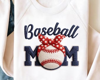 Baseball Mom PNG | Faux Yarn Embroidery Baseball with Polka Dot Bandana | Sports Mom Design