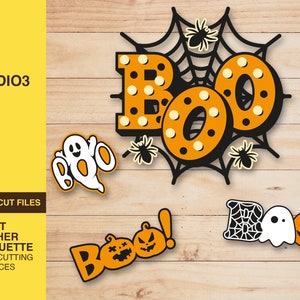 ブー ケーキ トッパー、SVG、ハロウィン ケーキ トッパー SVG、ケーキ トッパー SVG、カップケーキ トッパー SVG、ハロウィン デコレーション、クリカット用 SVG ファイル、レイヤード SVG