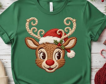 Reindeer in Santa Hat PNG, Faux Yarn Crochet Embroidery Christmas Sublimation File
