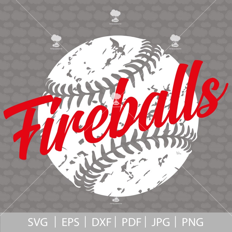 K&ouml;nnte beinhalten: Ein wei&szlig;er Baseball mit roten N&auml;hten und einem roten "Fireballs"-Text dar&uuml;ber. Der Baseball hat einen abgenutzten, Vintage-Look.