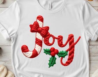 JOY Candy Cane PNG, Faux Yarn Crochet Embroidery Christmas Design, Loop Stitch Sublimation File